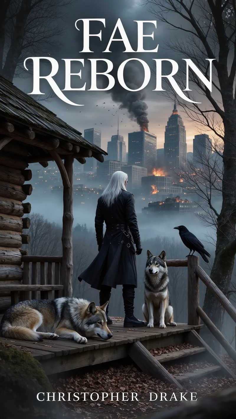Cover of Fae Reborn, Earth Awakens Book 1 by Christopher Drake — Killian Frost on a cabin porch with two wolves and a raven, watching a city burn