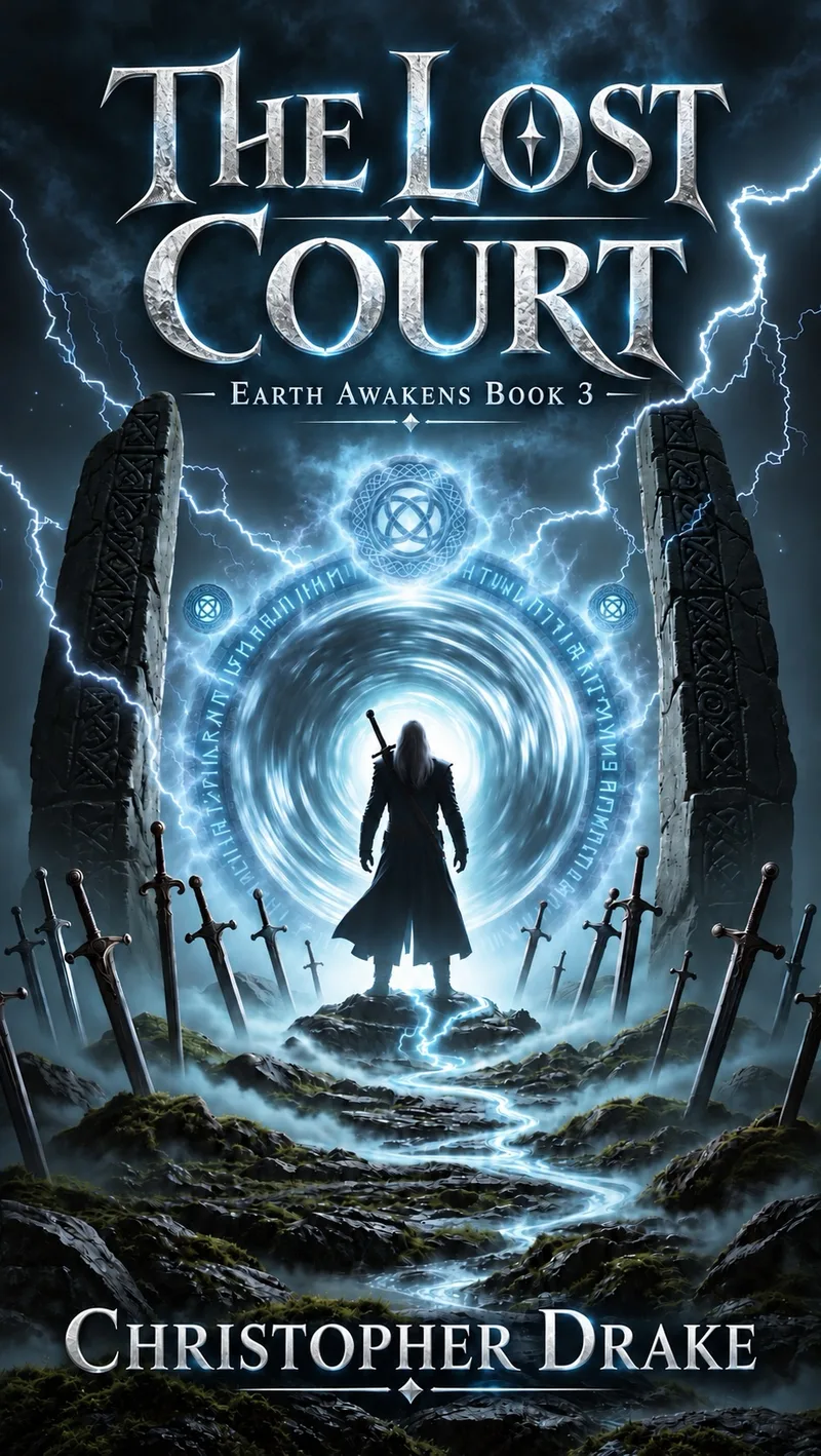 Cover of The Lost Court, Earth Awakens Book 3 by Christopher Drake — Killian Frost silhouetted before a glowing portal between standing stones, swords planted in the earth, lightning overhead