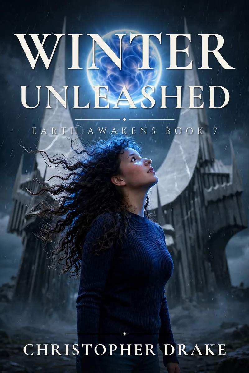 Cover of Winter Unleashed, Earth Awakens Book 7 by Christopher Drake — Julie beneath the Tesla Sphere