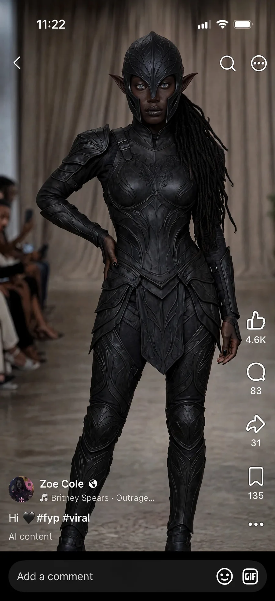 Creidne, Fae black-ops commander in matte-black armor with leaf-vein engraving