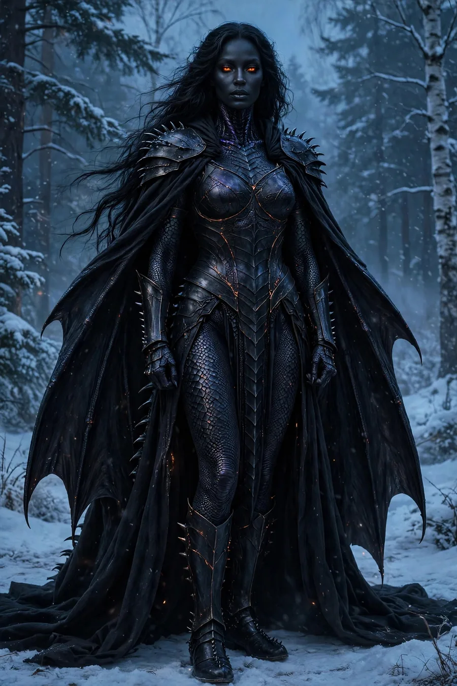 Dubheasa, a tall regal visitor to the Dun in blackened plate and a heavy black cloak