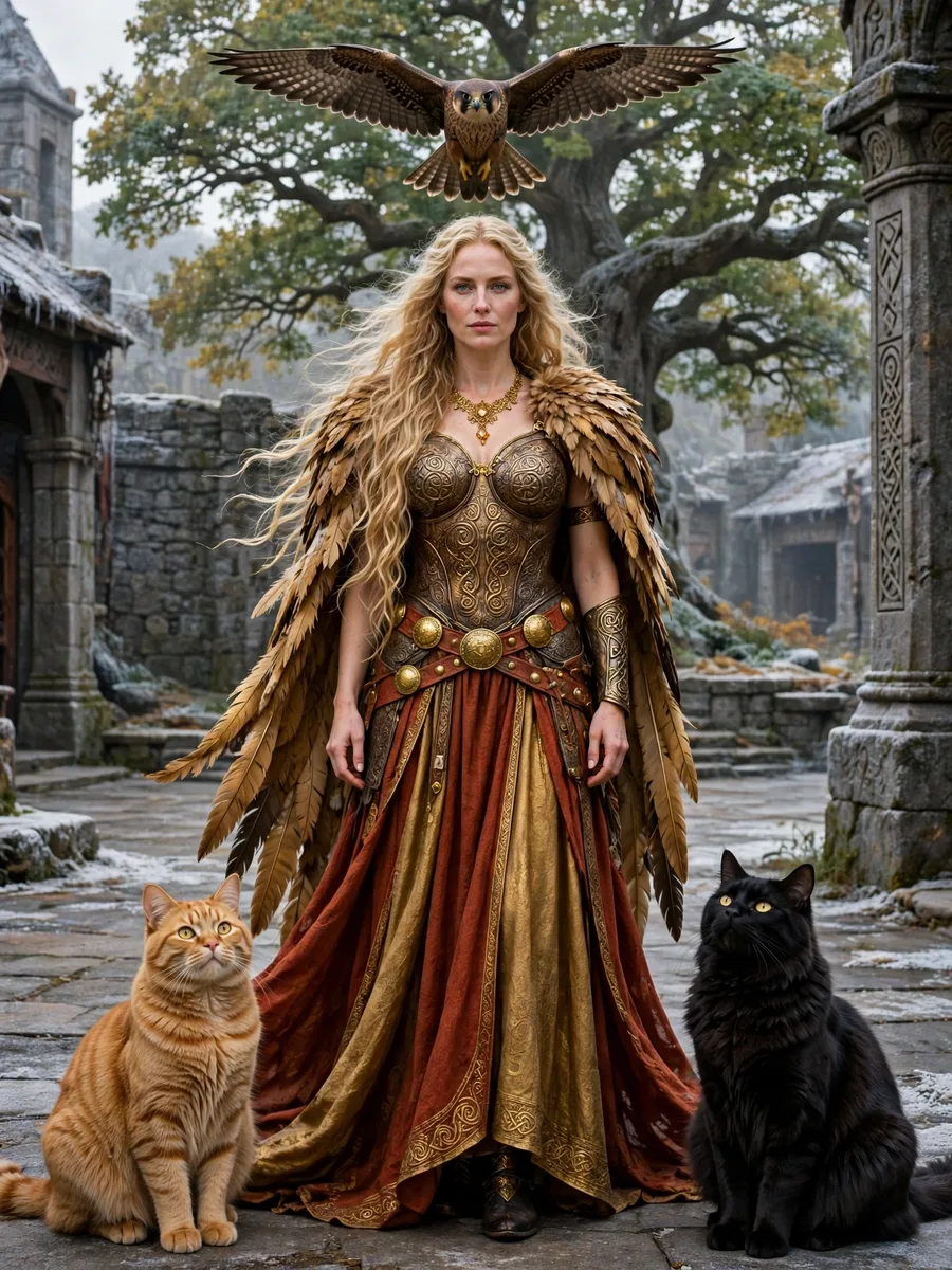 Freyja, Norse goddess of love, in a falcon-feather cloak with her two great cats and a falcon overhead