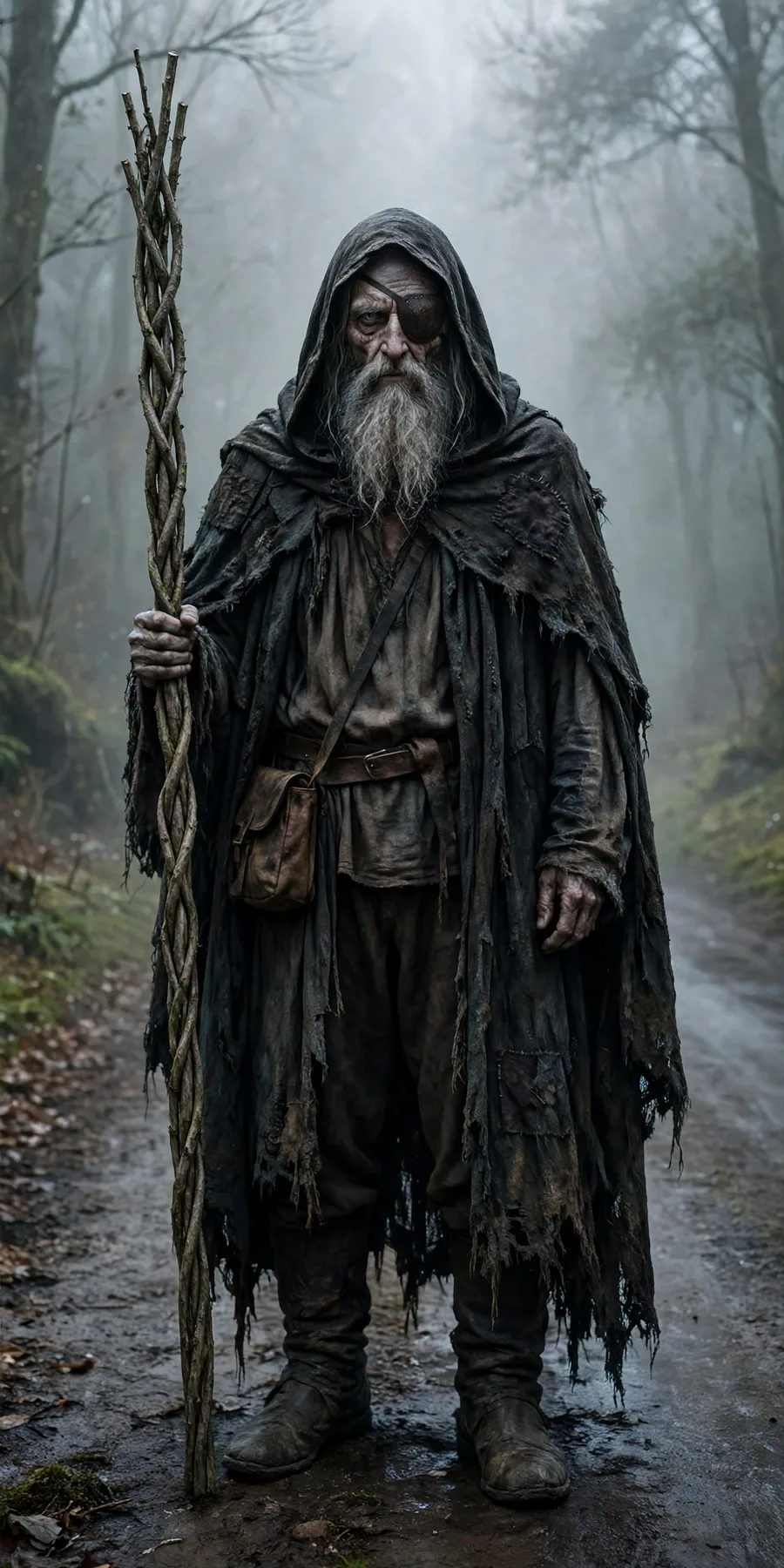 Grimm, a gaunt one-eyed wanderer in a patched cloak, carrying a staff of twisted saplings