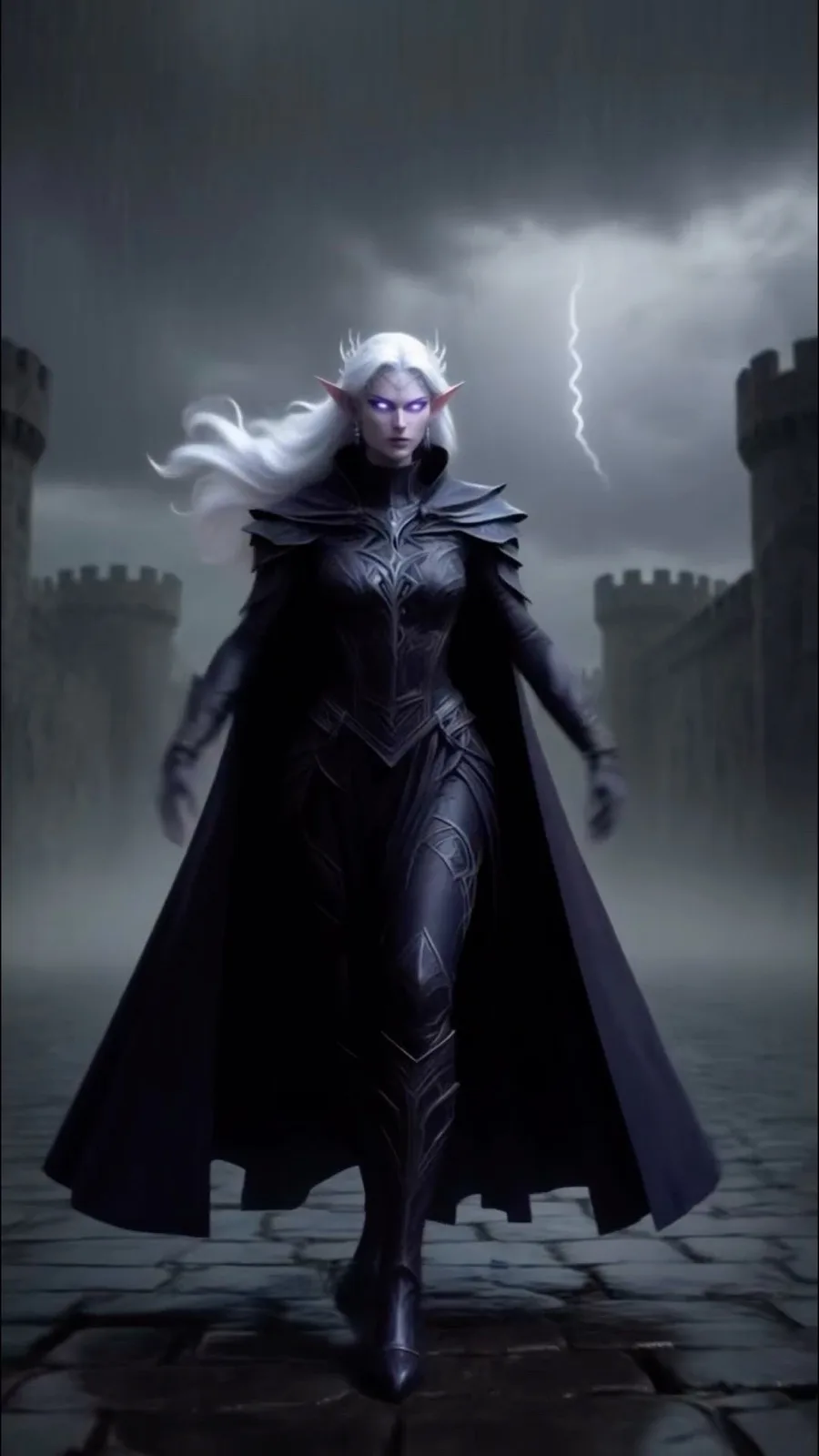 Morgan in her true Fae form — white hair, violet eyes, dark ornate armor